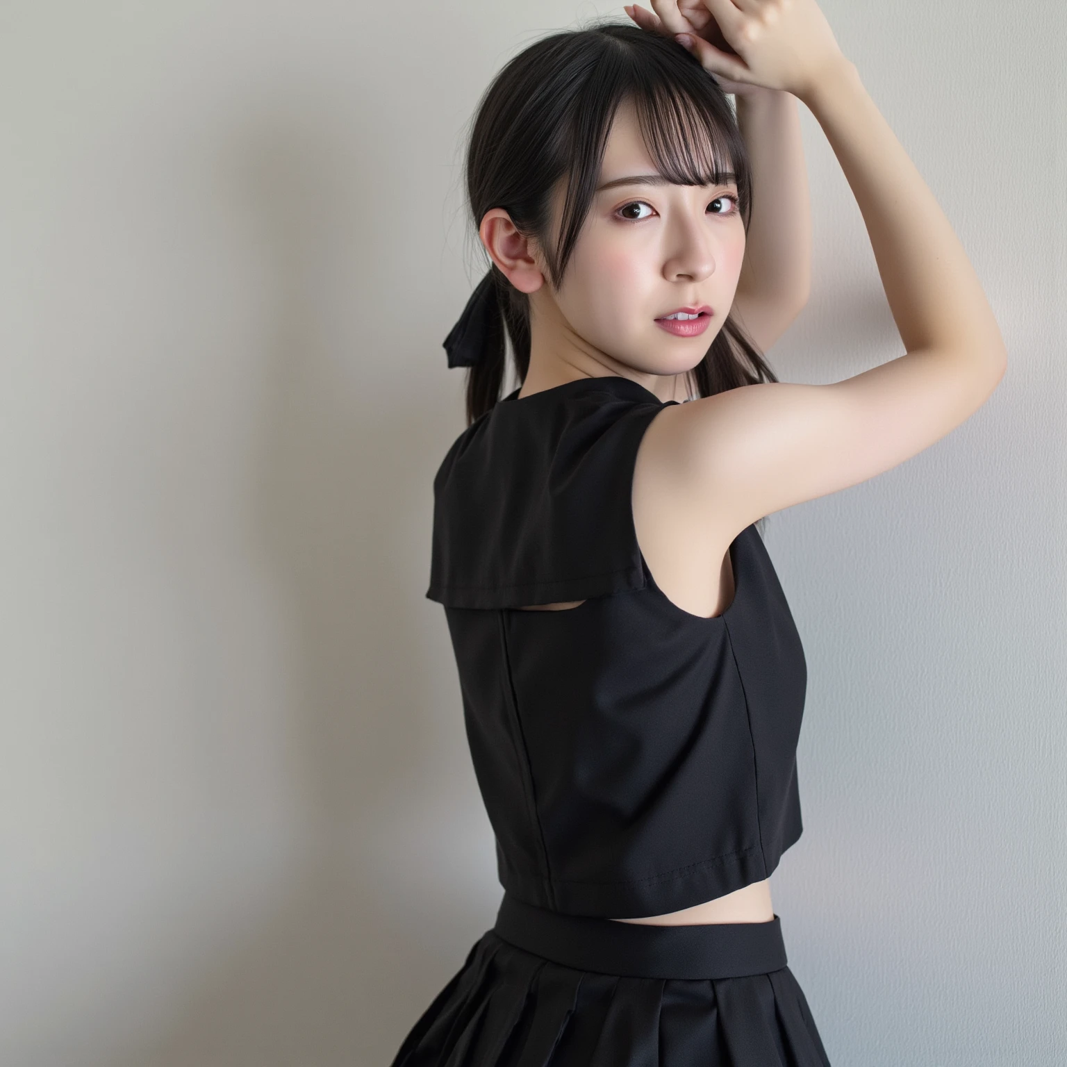 A primary school girl wearing black silk pantyhose, no underwear, short hair tied in ponytails, with an oriental face, delicate facial features, and a realistic image