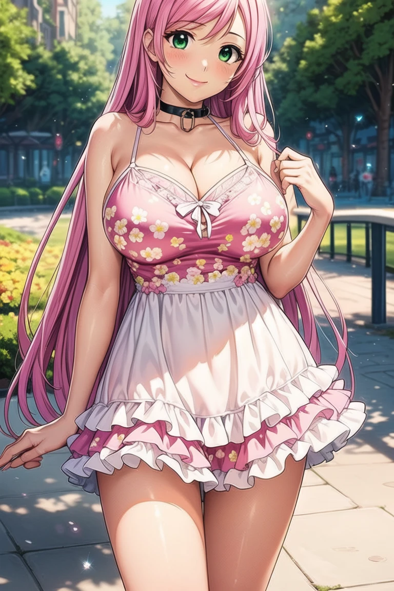 A beautiful and hot almost chubby mature woman.who is wearing a patterned short dress and is and standing in the park. A smiling face、Sexy woman、A radiant smile、adorable、race、Frills、Colorful design、Full-length mirror、An inviting gaze、Gorgeous long and beautiful hairstyle、variation Hairstyle、Open neck blouse、Flower Garden、Sparkling、elegant princess、Smooth Hair、An inviting gaze、Charming、Too cute、smile, Hair blowing in the wind,
