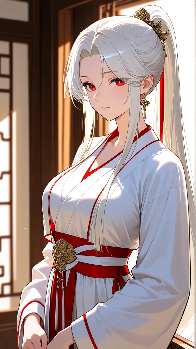 Adult woman, long white hair, green eyes, wide neckline, plunging neckline, smile, hanfu, masterpiece, high quality