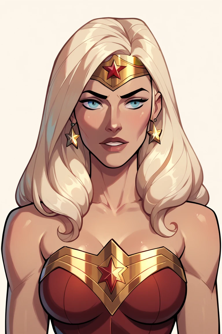 Blonde girl with blue eyes, With a serious expression, serious look, wearing a tight blue outfit tight to the body, defined ?????, wearing a golden shoulder pad, wearing the United States flag as a cape