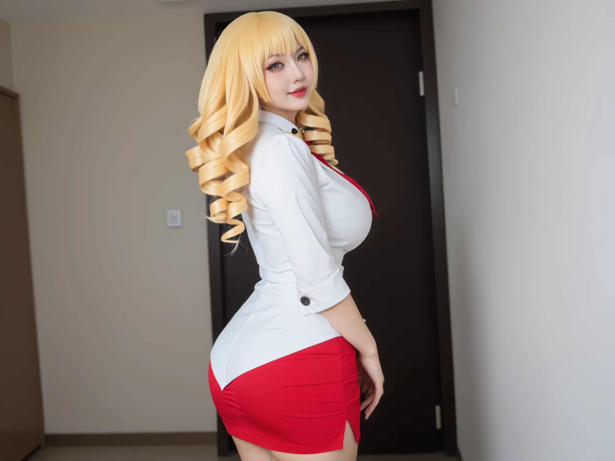 lolecia(honoo no haramase),yellow_hair,yellow_eyes, huge breasts, big ass, curvy, drill hair, hair_ornament, 30years old, milf,tall,Venusbody , ela está totalmente pelada mostrando a buceta, ela está totalmente pelada mostrando as tetas, ela está sentada  com as pernas abertas mostrando a buceta, ela está de frente para o espectador, ela está totalmente nua, conteúdo adulto, sugestivo sexualmente, ele real,textura da pele,traços faciais detalhados, sardas,Ance,