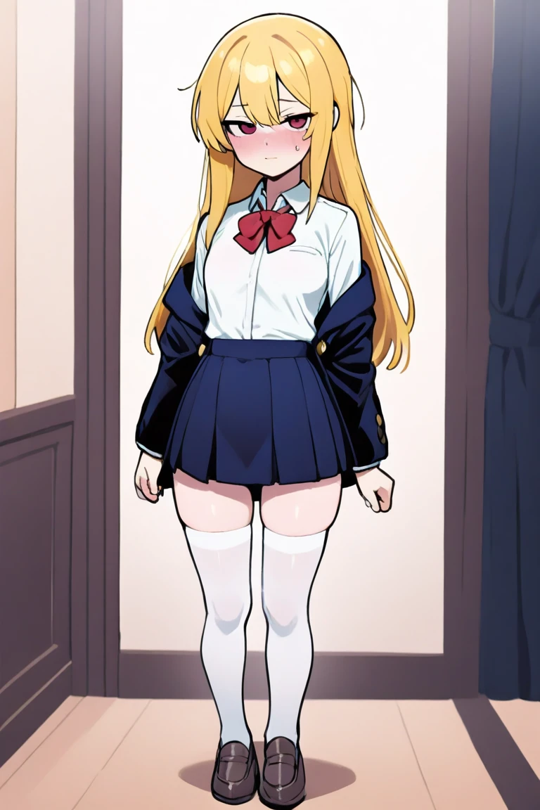 small woman with yellow hair wearing a short dress, tights and high heels, lifting her skirt with her hands and showing her panties