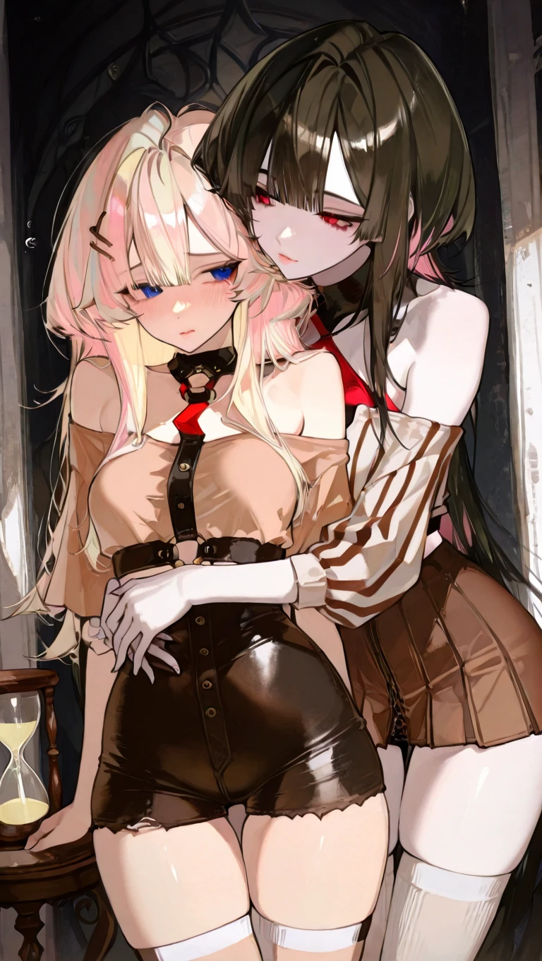 a high resolution, masterpiece, Very detailed,  Two girls, twins, Very long hair, hair to the floor, White hair, black hair, Blue eyes, Scarlet eyes, flat chest, Long loose sleeves, white stockings, bare chest, naked torso, full length, Red shoes, Front angle, standing with your legs spread, bandage on pussy