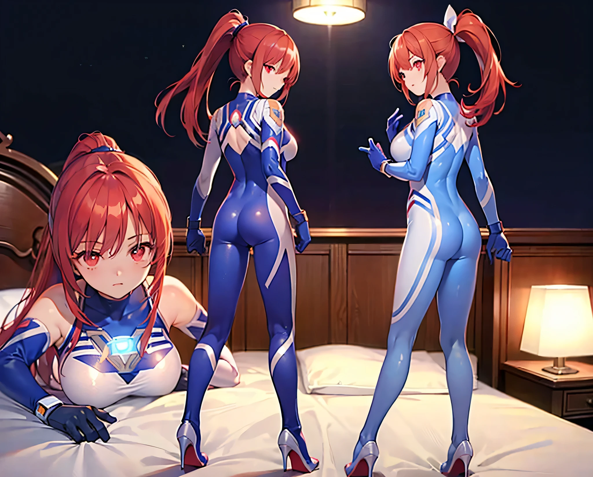 Realistic,Highest quality, Ultra Detail, High-quality CG rendering, The most delicate and beautiful, Floating softly, High resolution, (1 giant girl), (Highest quality,4K,8K,masterpiece:1.2),(All red hair:1.5), (ponytail:1.5),(Red eyes:1.5), (Ultra Girl:1.0), (Red Ultraman bodysuit:1.4),(Do not expose your skin:1.4),(Slightly larger breasts:1.5),(Red gloves:1.3),(Red Shoes:1.3),(whole body:1.3), (Troubled face:1.3),Small room,(Collapsed in bed:1.3),Defeated,Sleep,Are sleeping,(Prone:1.3),(Turn your back to your audience:1.3),Butt
