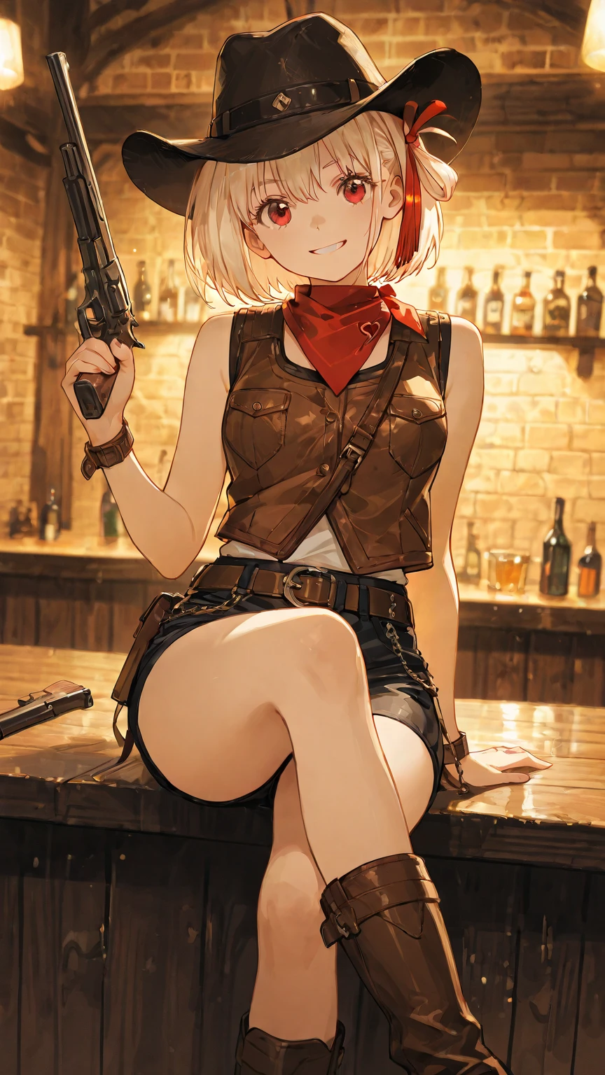 (((One beautiful woman:2.0))),(((NSFW:1.8))),((Nude:2.0))),(((Wearing a gun belt with a holster on his waist:1.8))),((Wear a watch on your wrist:1.9))),(((Showing cleavage))),(((Exposed thin inner thighs))),(((Small breasts:1.5))),(((Bare arms))),((Blushed:1.8)), Beautiful detailed girl, Very detailed目と顔, 緻密でBeautiful Eyes, Very detailed, High resolution, Highest quality, masterpiece, Very detailed, 8k wallpaper, wonderful, finely, Highest quality,(Standing in front of a wooden wall),Beautiful Eyes,((Model pose:1.8)),((Above the knee shot:1.5))),(((Depict the whole body:1.9))),((Drinking whiskey:1.4)),(((Place your hands on your chest:1.5))),(((Strong drunk:1.2))),(((Cry:1.2))),(((Sit cross-legged on a chair:1.5)))