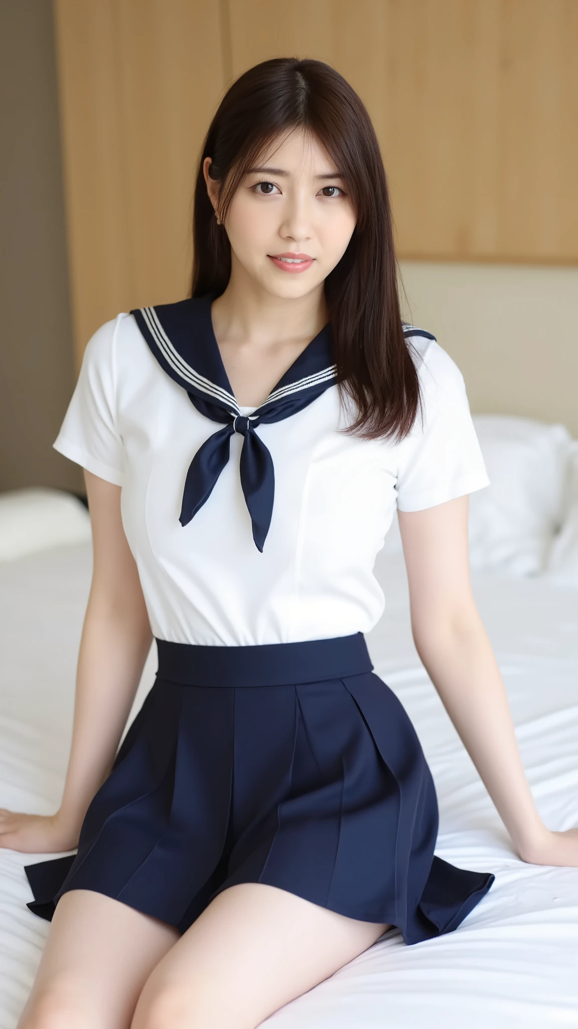 (Masterpiece, Best quality:1.4), (Ultra realistic, Photo-realistic:1.3), nsfw, ((Wearing Sailor suit, White short sleeve:1.3)), (Dark navy pleated skirt:1.2), (Wearing white sock), (small breasts), Natural light, 20 years old actor, Japanese woman named rio hikarunagi, Neat and clean, (high long ponytail:1.1), (Beautiful face), Oval face, clear skin, Beautiful eyes, Kind eyes, Clear skin, Small face, Beautiful mouth, Small mouth, Natural makeup, Seductive eyes, (Beautiful thighs: 1.2), Luxury hotel Suite room, on bed