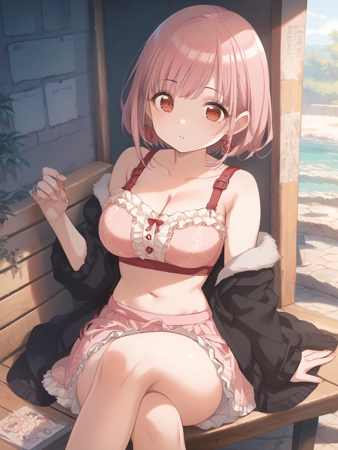 (Tabletop, Highest quality, Very detailed), One Girl, Purple eyes, Purple Hair, White skin, 10 years old、short hair、Perm Hair、((Pink dress))、((barefoot))、(In the woodpread your legs、Polka dot panties、topless、Nipples become erect