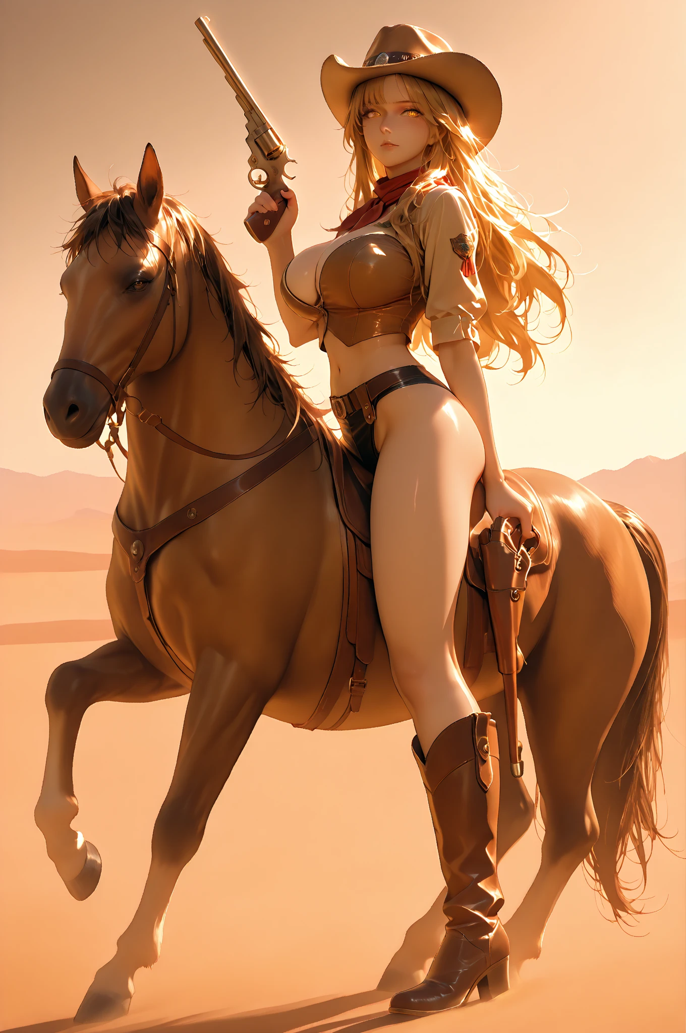 women cowboy bright eyes long golden hair red lips pink makeup athletic body slim waist big breasts big buttocks.  riding a horse of a certain arid hot sun guns 