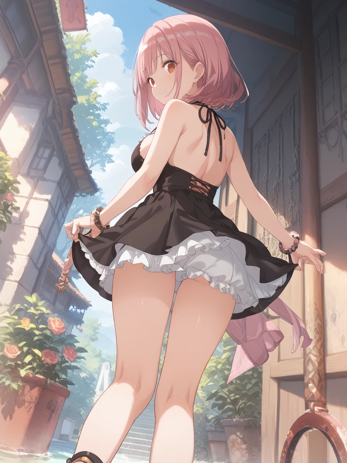 ((((Super Illustration Style:1.0)))),highest quality,Best Anime,masterpiece,Ray Tracing, Global Illumination,Black lace panties,One girl, alone,Ass Focus,Outdoor