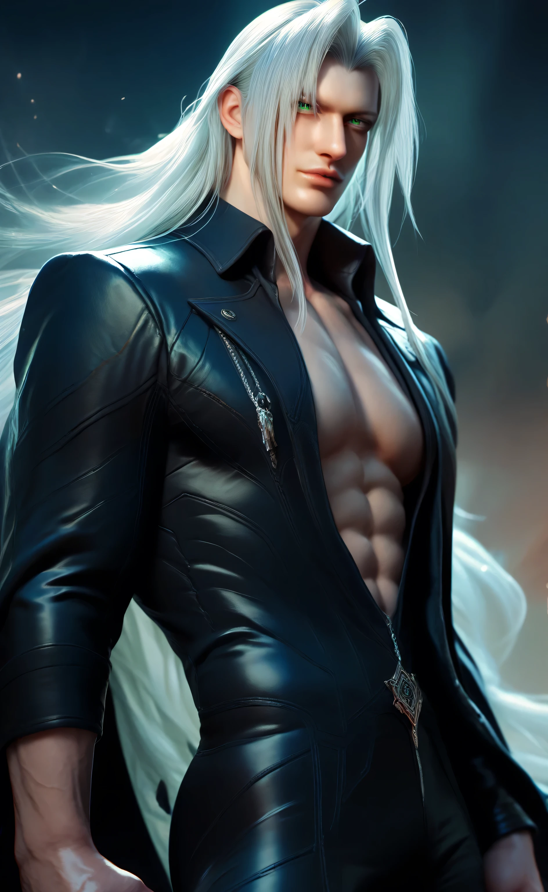 1male,solo,sephiroth,sillver hair,long hair,green eyes,black coat,black bodysuit,black pants,1black wing,big muscle,Devil may cry style
