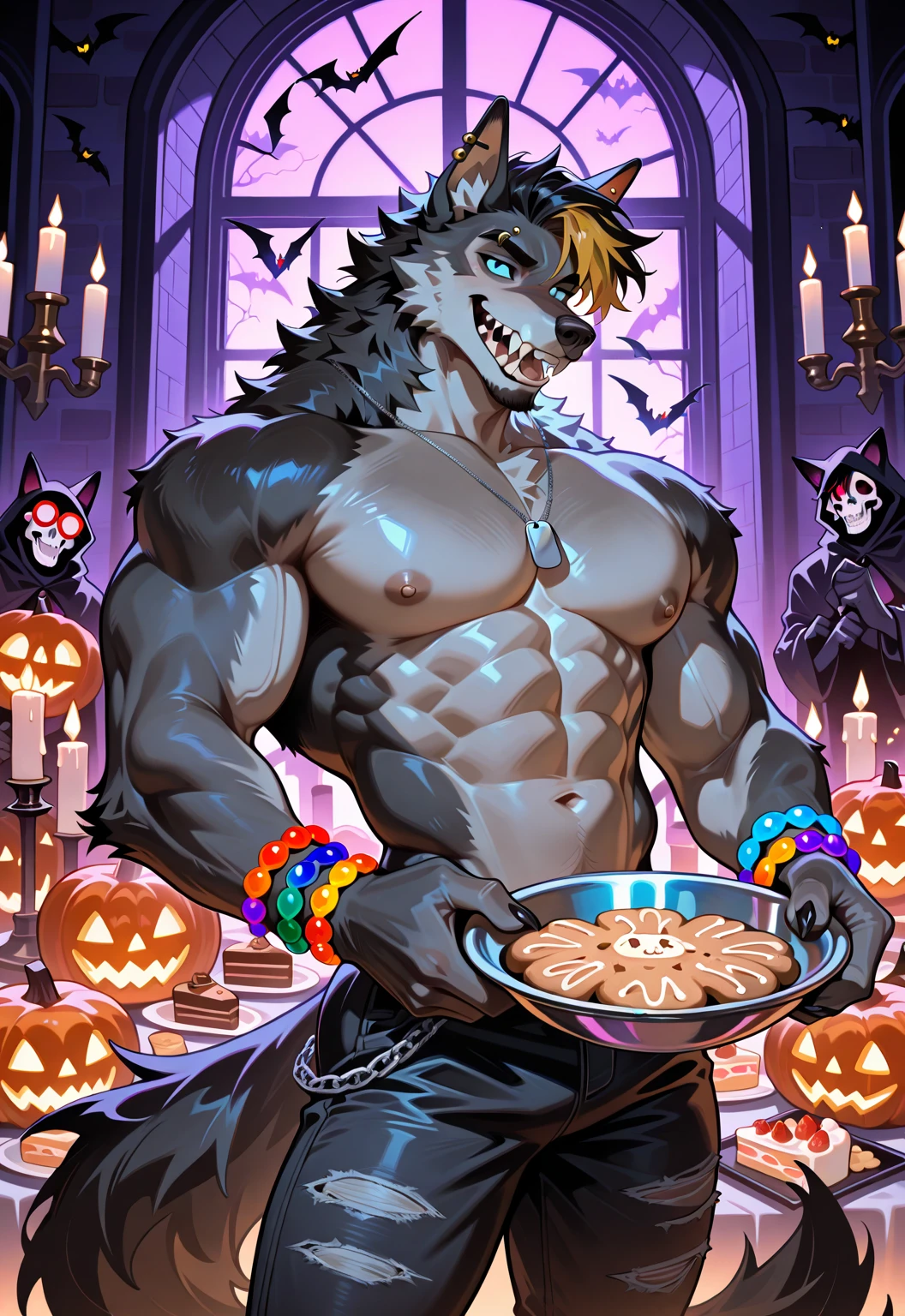 30 years old, big eyes, male, stubble, short hair, huge muscles, exaggerated muscles, mature man, muscle swelling, bodybuilding, pectoral muscles, abs, in the courtyard of European sculpture, jack-o'-lantern, orange striped shirt, open shirt, pumpkin badge, jack-o'-lantern necklace, orange suspenders, white long cotton socks, natural light, wet, wheat-colored skin, 1man, tattoo on forearm, Halloween ornaments, night, sitting on a patterned blanket with hearty festive food on the blanket, egg tarts, picnic basket, Potato chips, pizza, burgers, cola, legs stretched forward