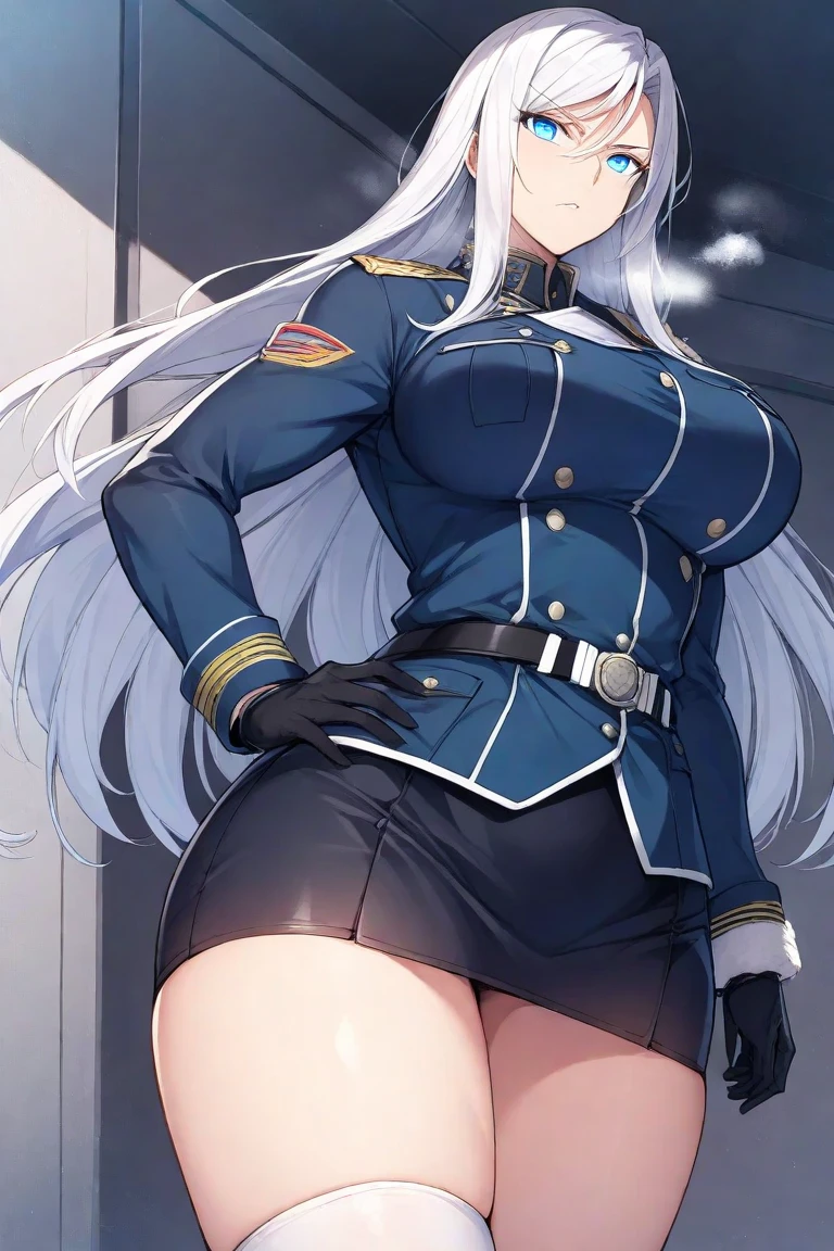 (Masterpiece, Best Quality: 1.2), 1 soldier Woman, Tall, Silver hair, spiked Hair, short Ponytail, Hair Between Eyes, Expressionless, Standing, Half Closed eyes, Large Build, medium breast, Field Uniform, (skirt lift:1.5), gray panties, Simple Background, (Cowboy Shot:1.5)
