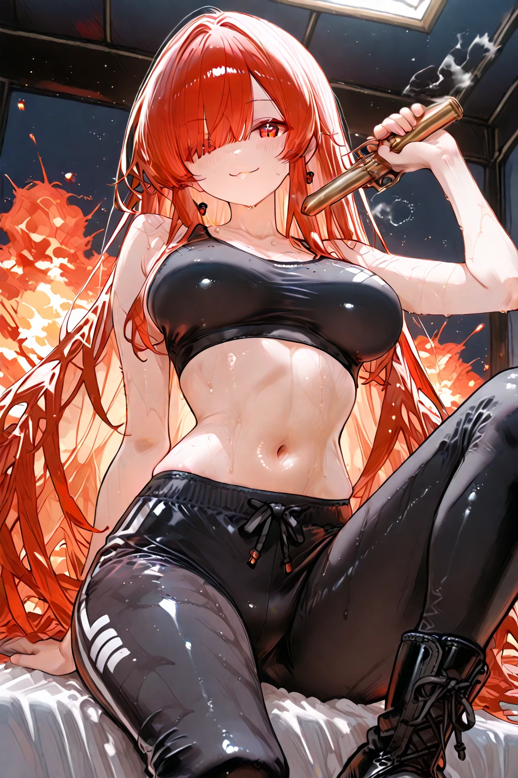 (Golden Ratio:1.2),[(grey background:1.4)::10],(masterpiece), (best quality), (ultra detailed),(disheveled hair),(illustration),(1girl:1.3),solo,(bronze skin:1.2),shiny skin,(sweating:1.4),(red hair:1.4),long braids,(red eyes),(huge breasts:1.2),(strong muscle:1.2)+(vest line:1.2),peach ass,thick thigh,(crop top:1.2)+(Silver Chain Bracelet Finger Cots:1.3)+(left hand_black silk gloove:1.2),(athletic body:1.2),(sittinging on the black stone throne :1.2)+(lava flowing to far away like a river:1.3)+[(Inception:1.2)],[(red flame in background:1.3)]+[(deep yellow fog:1.1)]
