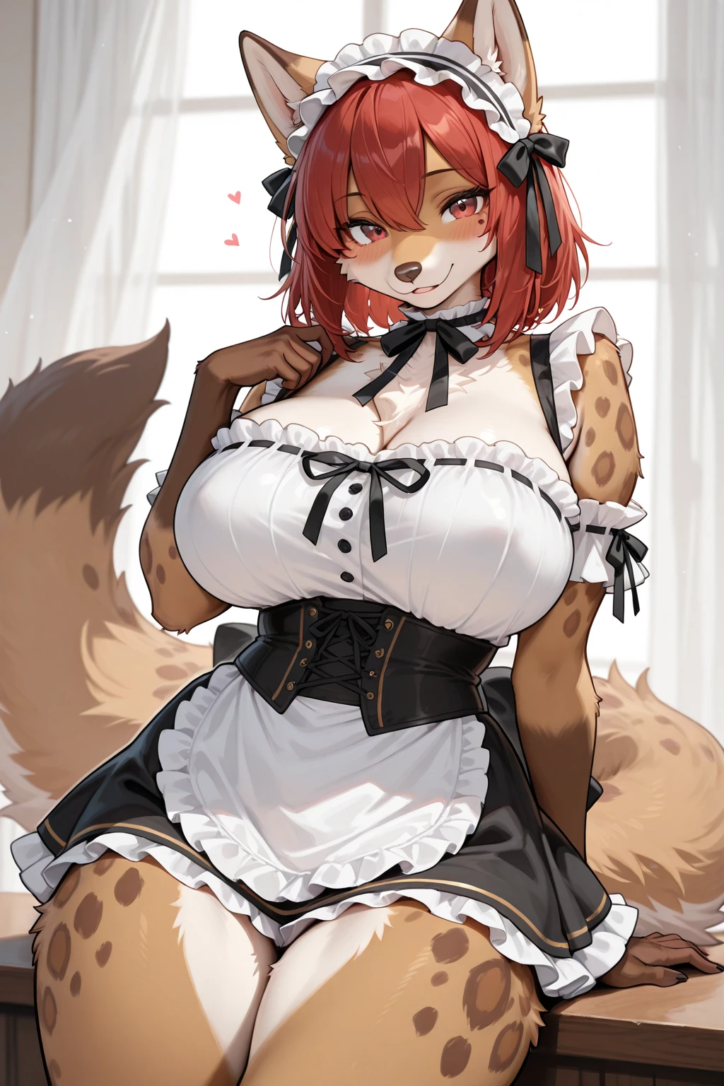 score_9, score_8_up, score_7_up, score_6_up, score_5_up, score_4_up, (solo), female anthro hyena, maid outfit, lusty, fluffy body, long blond hair, turquoise eyes, (thick thighs:1.5)((( offering the breasts))) sex partial clothes, (((cleavage))) (barely_visible_booba) (she is sitting) , giant breasts