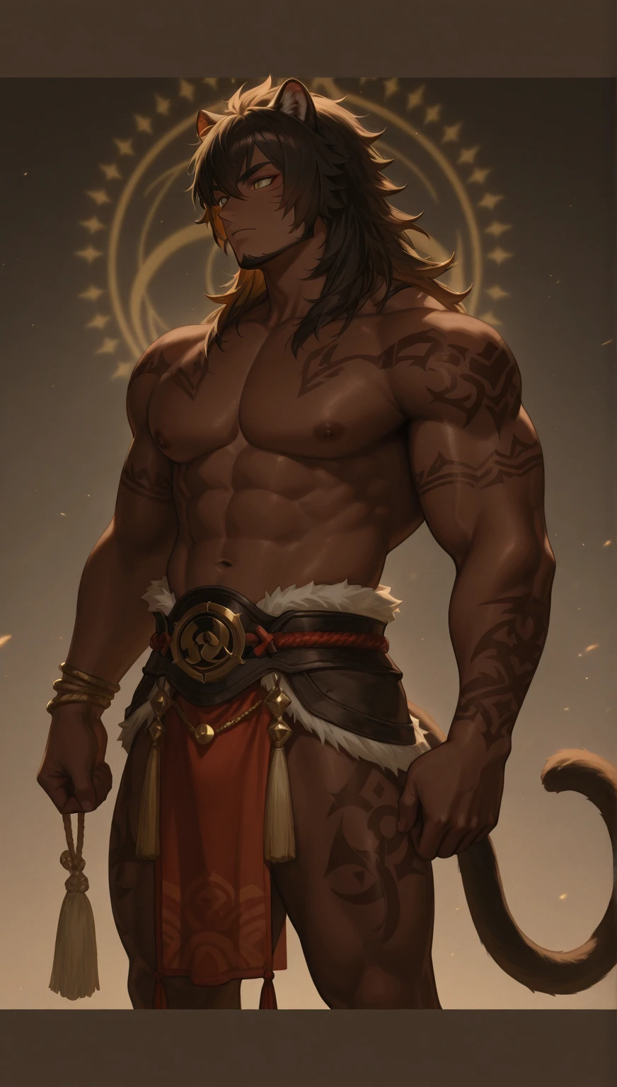 1man,masterpiece,best quality, the most attractive masculine male, very small loincloth, liquid gold, ,hairy body,depth of field, messy, full body, ?????,