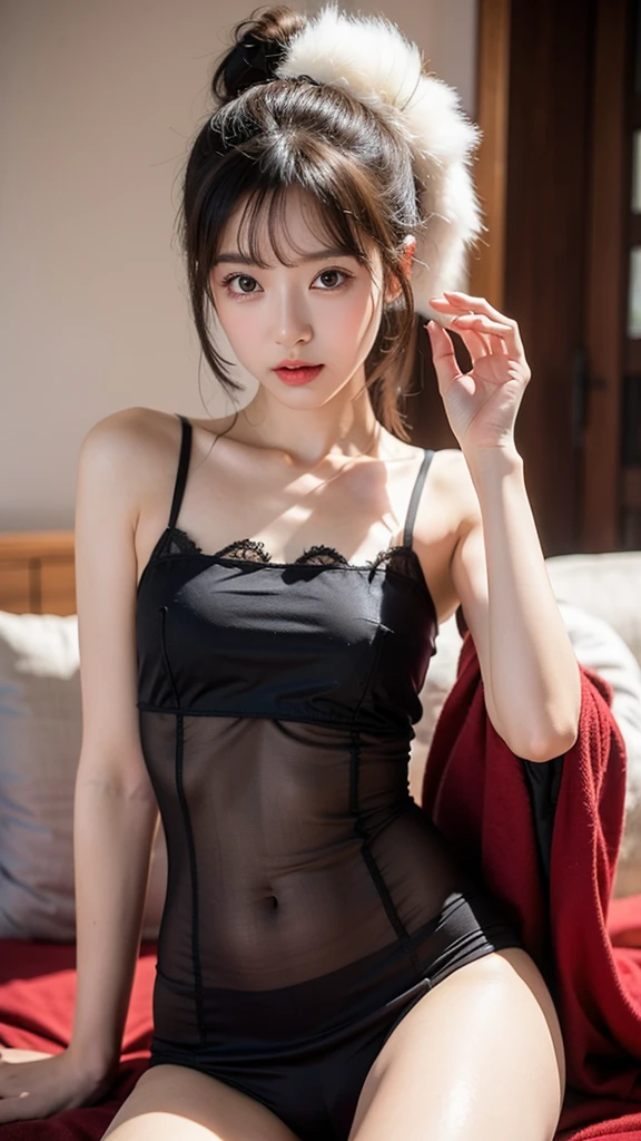 (highest quality, masterpiece:1.3), shape, ((Beautifully detailed face)), Beautiful and detailed skin, Intricate details, Very detailed, Best image quality in 8K, The true picture () (18 year old female model:Black Gothic Lolita) (Small breasts), ,Japanese Girls,Baby Face,(Detailed Hair,Side Ponytail,Black Hair),Detailed lips,Open your mouth,(Sticking out tongue:1.2),(Lying in bed,Sleep on your back:1.2,Spread your legs,Top View),Detailed legs,Beautiful feet,Beautiful hip line,blush,Embarrassing,Realistic Face,Realistic Skin,(sexy:2.0),(Moisturized Skin:1.2),Vivid lips,Lip gloss