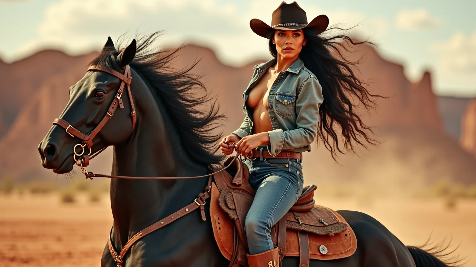 Create a hyper detailed photograph of a native Indian tattooed muscular young sexy women, Stunningly perfect gorgeous face, perfect makeup, detailed vibrant eyes,long highlights dutch hair, big beautiful muscular legs, big beautiful muscular arms, big bac muscles, muscular abs, detailed smooth skin, big breast, big muscular ass, small areolas, small detailed perky nipples, top less, hip hugging jeans,