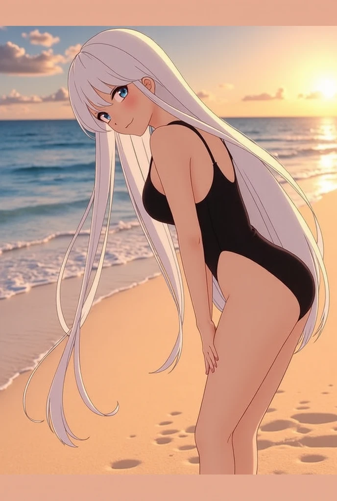 A beautiful anime girl with white hair, wearing a sexy white bikini and a revealing thong, on a beach and eating an ice cream on a sunny summer day, photographed from a low camera angle, surrounded by a stunning landscape.