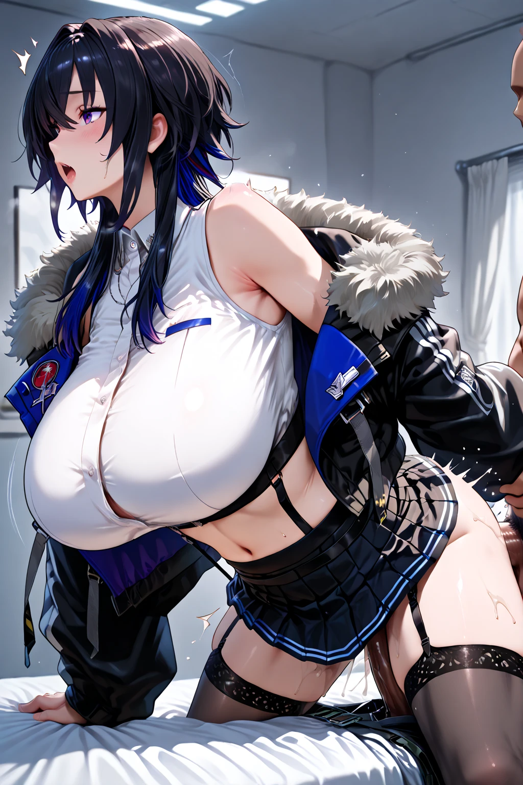 (masterpiece, best quality:1.2), cowboy shot, solo, 1girl, highres, bluearchiveyuuka, yuuka, blue eyes, halo, purple hair, (two side up), long hair,
BREAK belt, black gloves, (black suit:1.5), black skirt, blue necktie, gloves, halo, jacket, necktie, off shoulder, skirt, two-sided fabric, two-sided jacket, white belt, (white jacket:1.5),
BREAK looking at viewer, arms behind back, navel, belly, (wide hips, thick thighs:1.2), mature female, (large areolae), (puffy nipples), mascara, long eyelashes, angry, closed mouth, (pubic hair:1.3), indoors