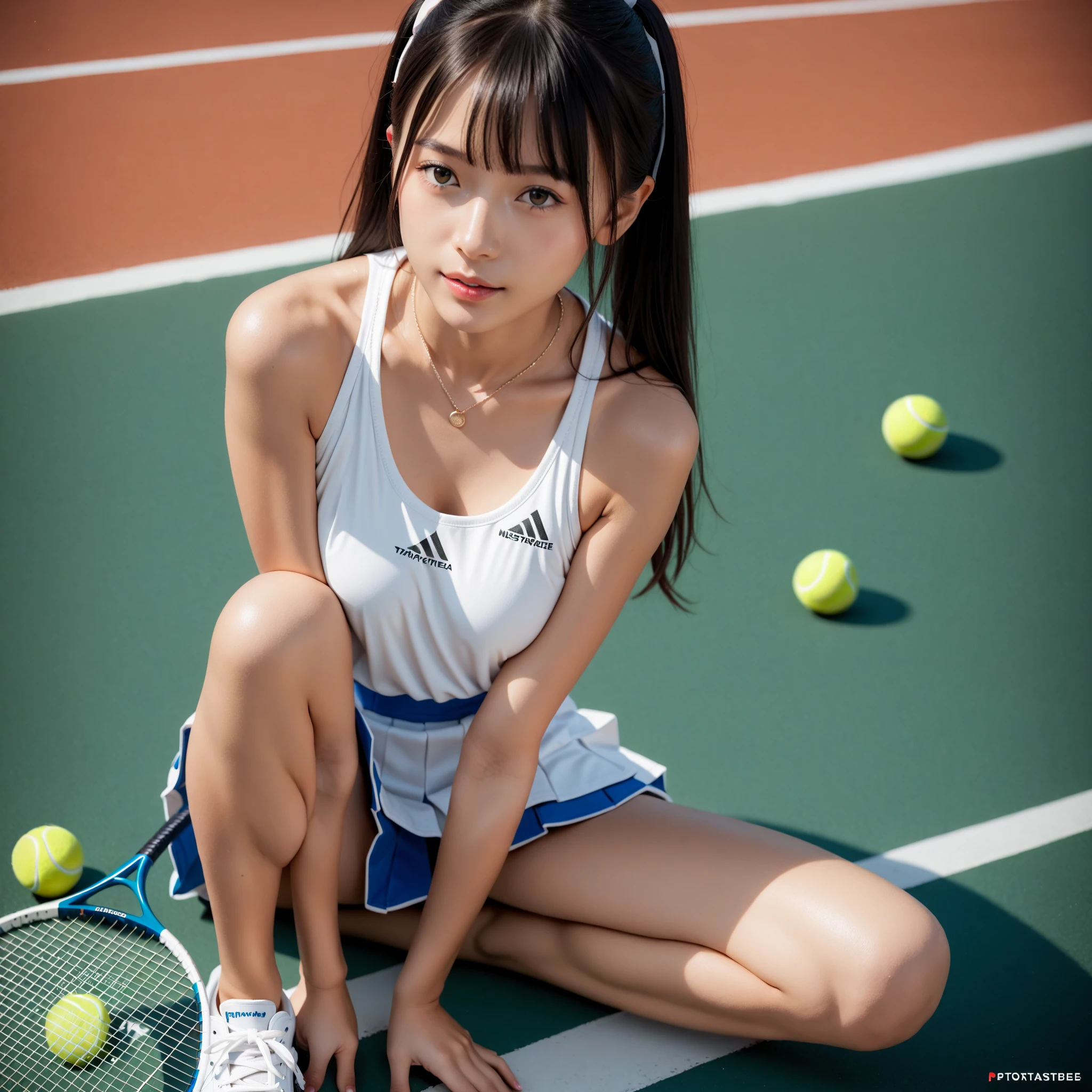 high resolution, best quality, masterpiece, ultra high quality, ultra detail, ultra realistic, 3D, anime, illustration, fantasy, solo, ((beauty woman in tennis court short skirt)), squatting and touching hair, (looking at camera), (background blur))), white sneakers, bare feet, (cotton underwear), large breasts, frontal shooting,