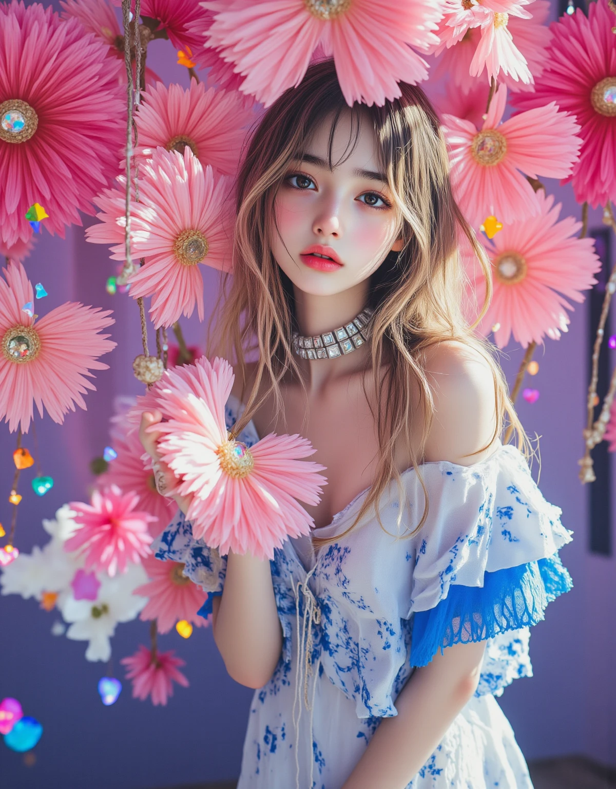 Japanese,Bob Hair,Light pink hair, Pink Eyes, Pink and white, Cherry leaves, Vibrant colors, White Dress, Paint splashes, Simple Background, Ray Tracing
