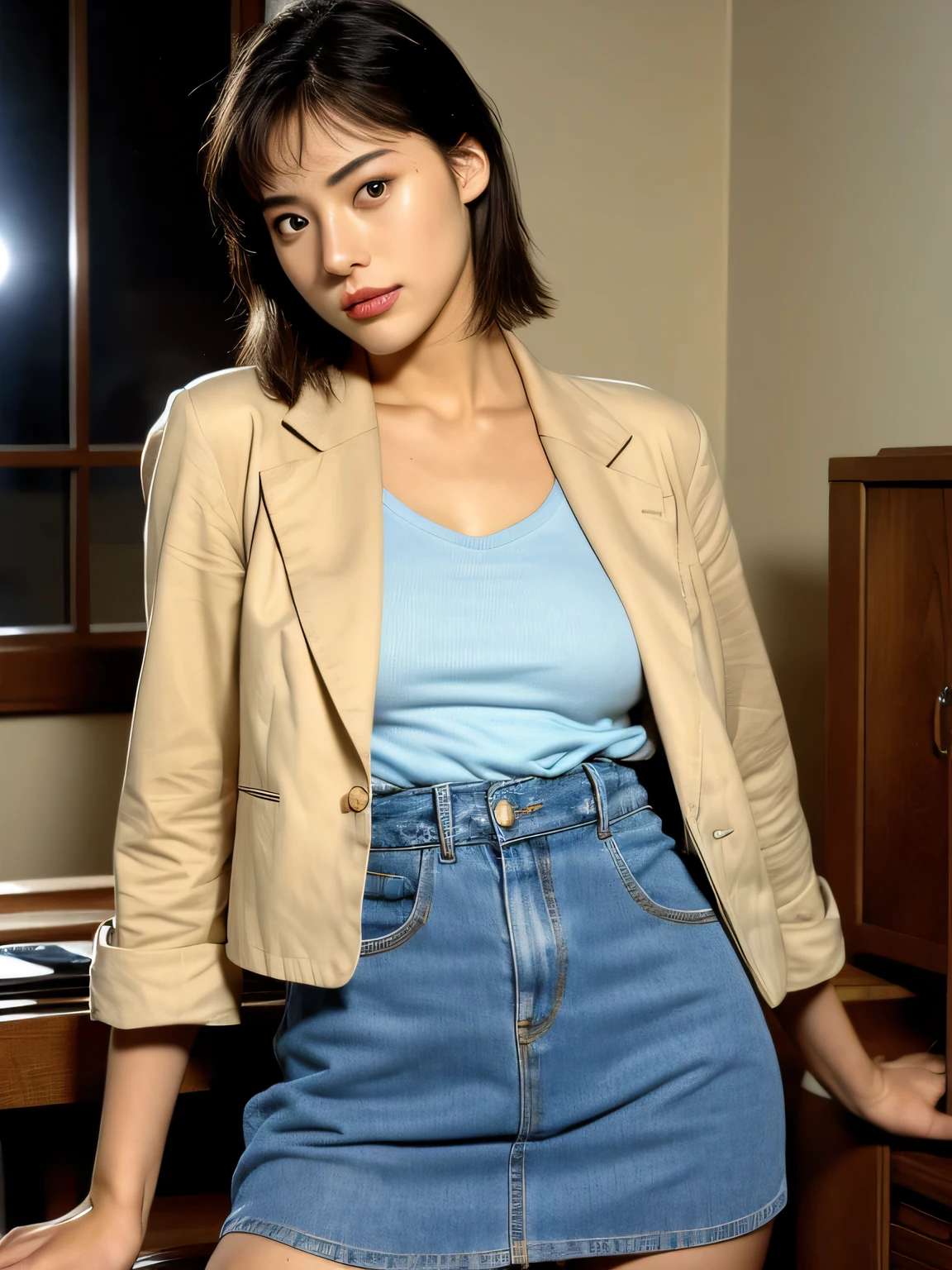 Makimura Kaori,1girl,solo,skirt,brown hair,short hair,handgun,holding gun,retro artstyle,denim,pencil skirt,miniskirt,denim skirt,jacket,sleeves rolled up,shirt,brown eyes,traditional media, extremely detailed eye and face, Sexy Body, (A little slimmer body:1.1), blazer uniform、miniskirt、 fantastic world、uncorrected、During school business、Study while sitting at a desk chair、Captivating Body, (well-proportioned face, Perfect Face), Highlights in the eyes, Purple-black eyes, cleavage, Slightly thick thighs, Beautiful thighs, Sexy Butt, Exposed thighs, soft smiling, white skin, natural skin texture, Very perfect and beautiful face, depth of written boundary, awesome solo, Realistic texture, Realistic Skin, Whole body, Highly detailed CG, Super detailed, extremely detailed beautiful face, Extremely finely detailed, (night city, illuminations, night sky), atmospheric lighting, Captivating lighting, Beautiful collarbone, perfect style body, Perfect slim body, Sharp Face, long legs, skyscrapers, Accurate Fingers, HDR, (detailed beautiful eyes:1.1), High-definition RAW photos, (Hmedium breasts), (cool beauty), Urban, Fascinating, lush colors, show vagina, vagina gape, squirt vagina hairly, show nipples in medium breasts, exposure +1.5