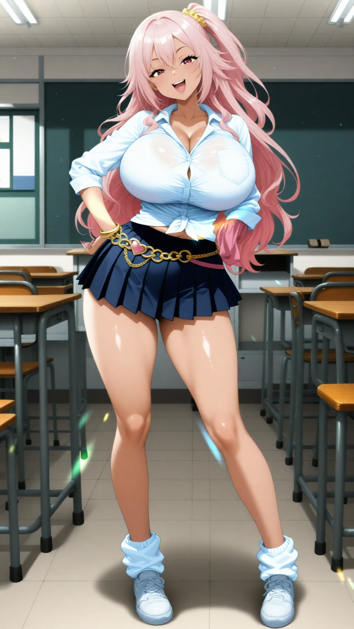 1 girl, 19 years old, Long pink hair, green eyes with slit pupils, master-piece, best quality, (standing up), (wearing denim jacket, white lace camisole crop top, blue denim skirt, knee-high leather high heel boots, cleavage), (Big , ultra gigantic , Super super big, Glamorous body), Make eye contact with the camera, front figure, looking forward, (light_Smile:1.5), (Detailed hands and fingers:1.2)、(FULL BODYSHOT), thighs thighs thighs thighs、beauty legs、Bare legs