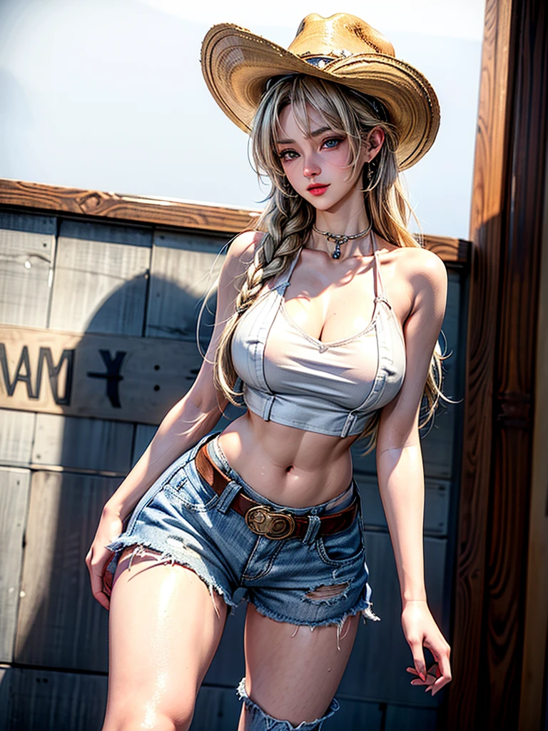 (masterpiece), Best Quality, expressive eyes, perfect face, massive breasts, very curved, long brown hair , light blue eyes, improve, full lips, seductive, smiling, at home, (crop top, bare shoulders: 1.2), (Shorts: 1.3), neckline, at home, massive breasts, Wide hips, perspiration, 1 female, seated, sexy, in front of the viewer, (erobureidere: 1.5)