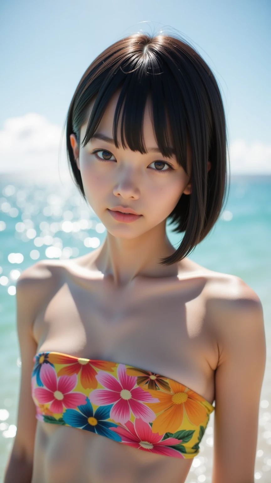 smile,((NSFW)),(Best Quality:1.2), Female dog,(Female organ:1.1),8K, Raw photo, Beautiful sexual woman, beautiful girl,((Her naked lower body is visible、股間のFemale organが見えている:1.3)),Detailed face and eyes,Esbian all over,Pose for the camera,blue sea,Blue sky,Palm tree,On a beautiful tropical beach,Hair blowing in the wind,short hair