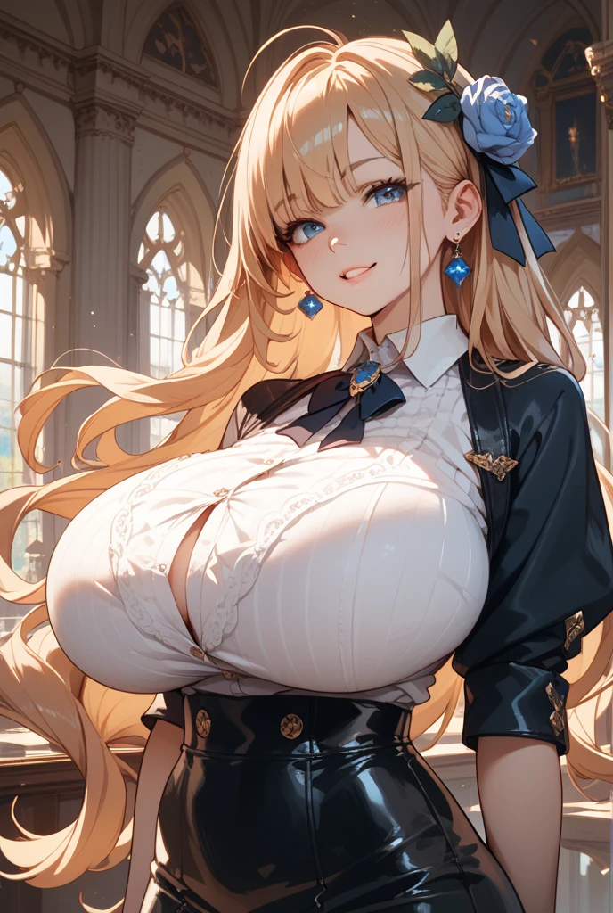 ((highest quality、High resolution、8K、masterpiece:1.3))、dynamic angle、I can see the whole body、wallpaper、1 girl、unparalleled beauty、ultimate beauty、super detailed face、delicate eyes、smile shyly、sexy look、(seducing me sexually)、looking at the camera、Depth of bounds written、light particles、side light、long hair、blonde、Maid outfit decorated with jewels、nipples exposed、(Holding down the skirt with both hands)、(The wind flips up the skirt and reveals the panties.)、Open chest、big breasts、cleavage、Thighhighs、thighs、slim、slender、Old castle at night