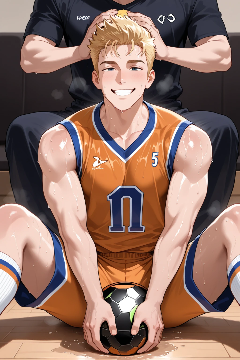 masterpiece, best quality, 1male, 1boy, tall muscular, handsome, finely detailed eyes, intricate details, volleyball uniform, removing shirt, erection under shorts, smirk, perverted expression, looking at viewer, muscular body, six-pack abs, sweat, sweaty body, anime boy sitting on bench, locker room, perverted smile, abs peek, happy trail, blonde, yellow shorts, white shirt, a blue 69 on shirt, sexy body, volleyball ball on floor, peek at the abdomen