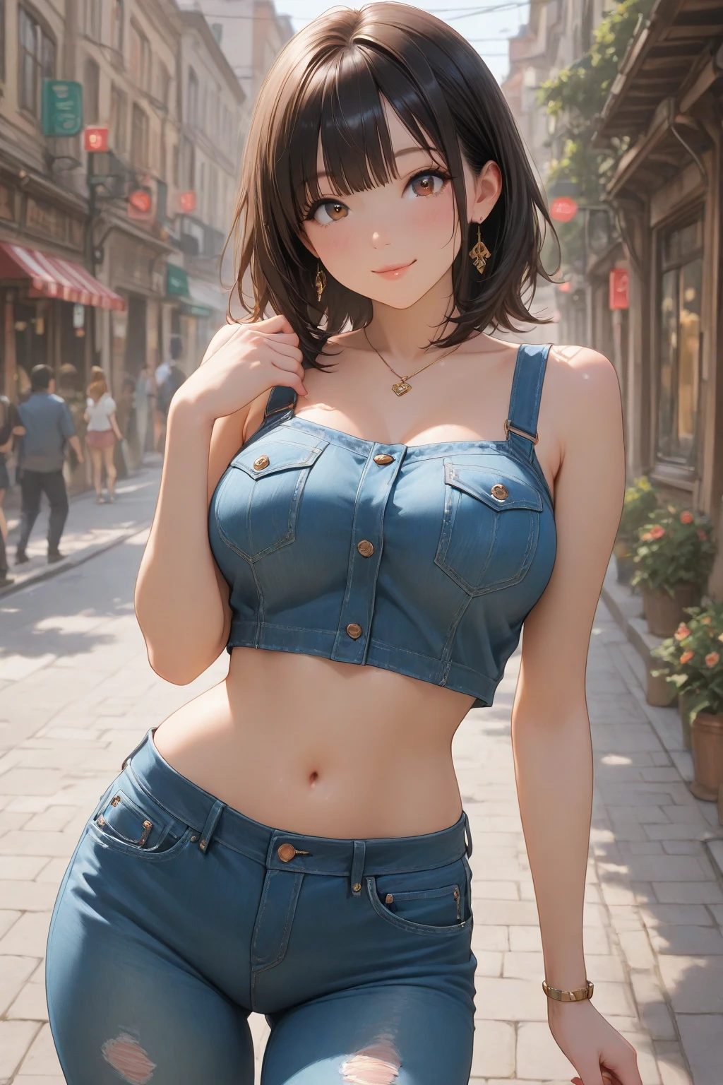 A high resolution，High- sharpness，chineseidol，Urban female high school student，short detailed hair，Big bright eyes，Clean and nice baby fat round face，Delicate makeup，Smooth, flawless snow-white skin，Moles in the corners of the eyes，warm grin，Stretched limb movements，Beautiful gesture，vivaciousness，energetic，Full of vitality，Suspenders，Board shoes，Cheerful personality，Have pets，Delicate hands