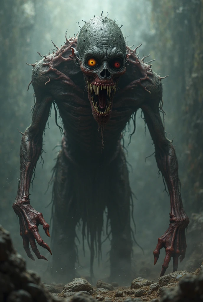 a curse creature, horror, high resolution, realistic, sharp focus, ((anamorphic, surrealistic, splash art:1.5)), dark fantasy, dramatic lighting, moody atmosphere, intricate details, cinematic composition, ominous, unsettling, twisted, nightmarish, macabre, gritty, visceral, chiaroscuro, deep shadows, haunting, otherworldly, supernatural, sinister, foreboding, dystopian, apocalyptic