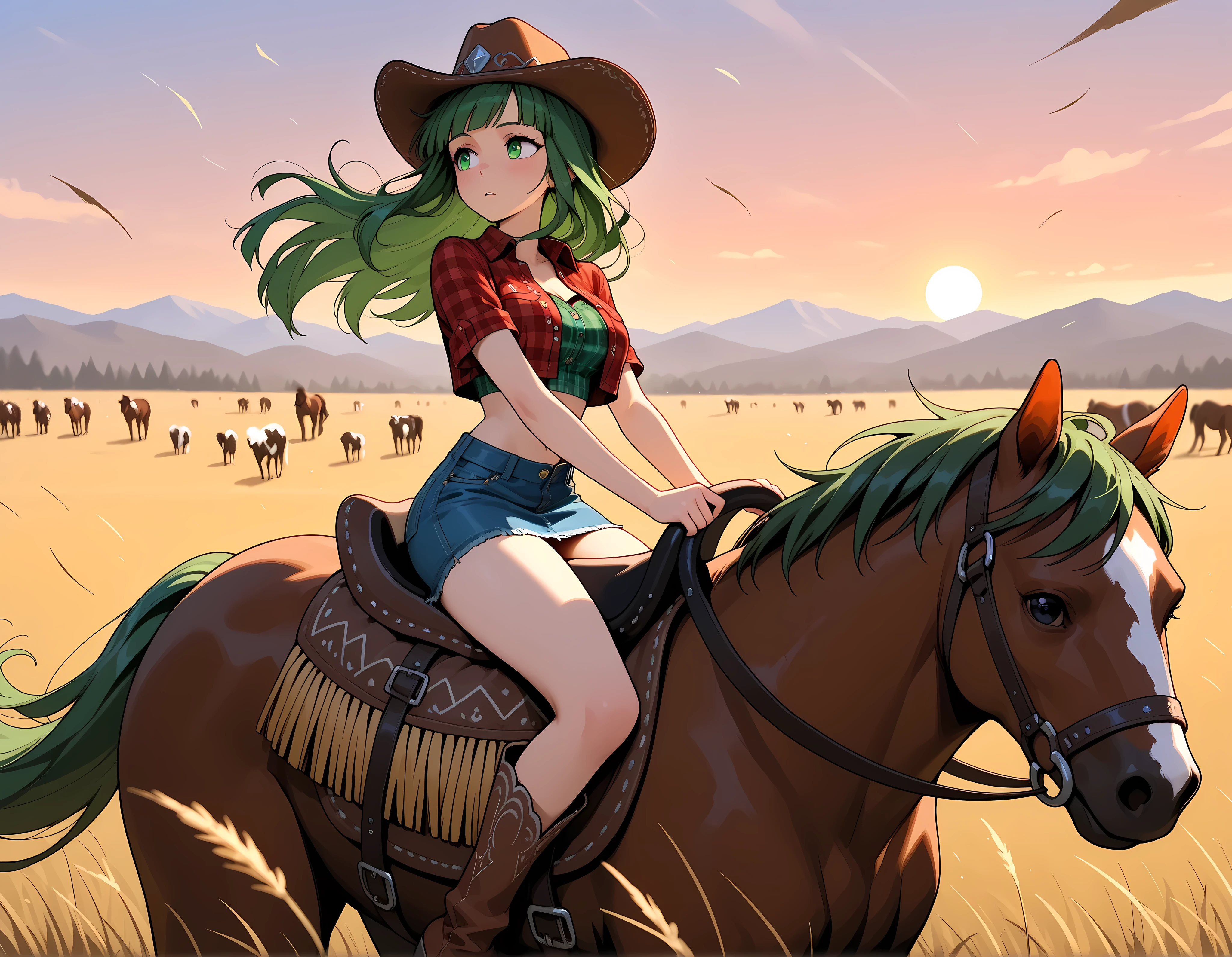 Vannamelon. green hair, long hair, hair moving, green eyes, seductive horsewoman with fitness model physique, plaid crop top, unbuttoned just enough, denim skirt, hugging curves perfectly, seated in saddle, looking to the side, seated with legs together, cowboy hat catching sunset light, holding the hat, wind blowing, beautiful features, horse, riding horse, galloping through herd of cattle, dramatic western landscape, horse's powerful movement, cinematic atmosphere