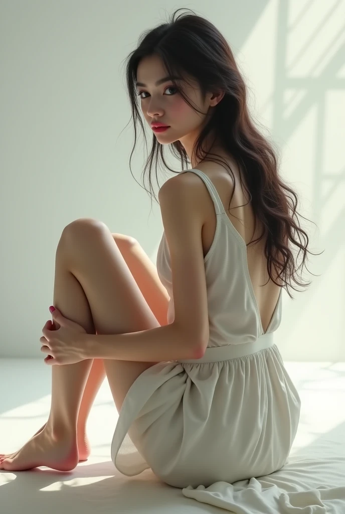 (Photorealistic),(Masterpiece),(ultra-detailed),a very pretty 20 year old girl who has not eaten for 10 years, extremely thin and frail, arm and legs extremely thin as a stick with no fat, extremely malnourished,smiling faintly, feeling but enduring extreme hunger, wearing a long and loose white silk dress, long hair,big eyes, extremely small face,have no fat,extremely weak,whole body,extremely feeble,sitting,legs and thighs extremely thin as arms,have almost no energy because she is extremely starving and malnourished, struggling to sit up,almost starving to death