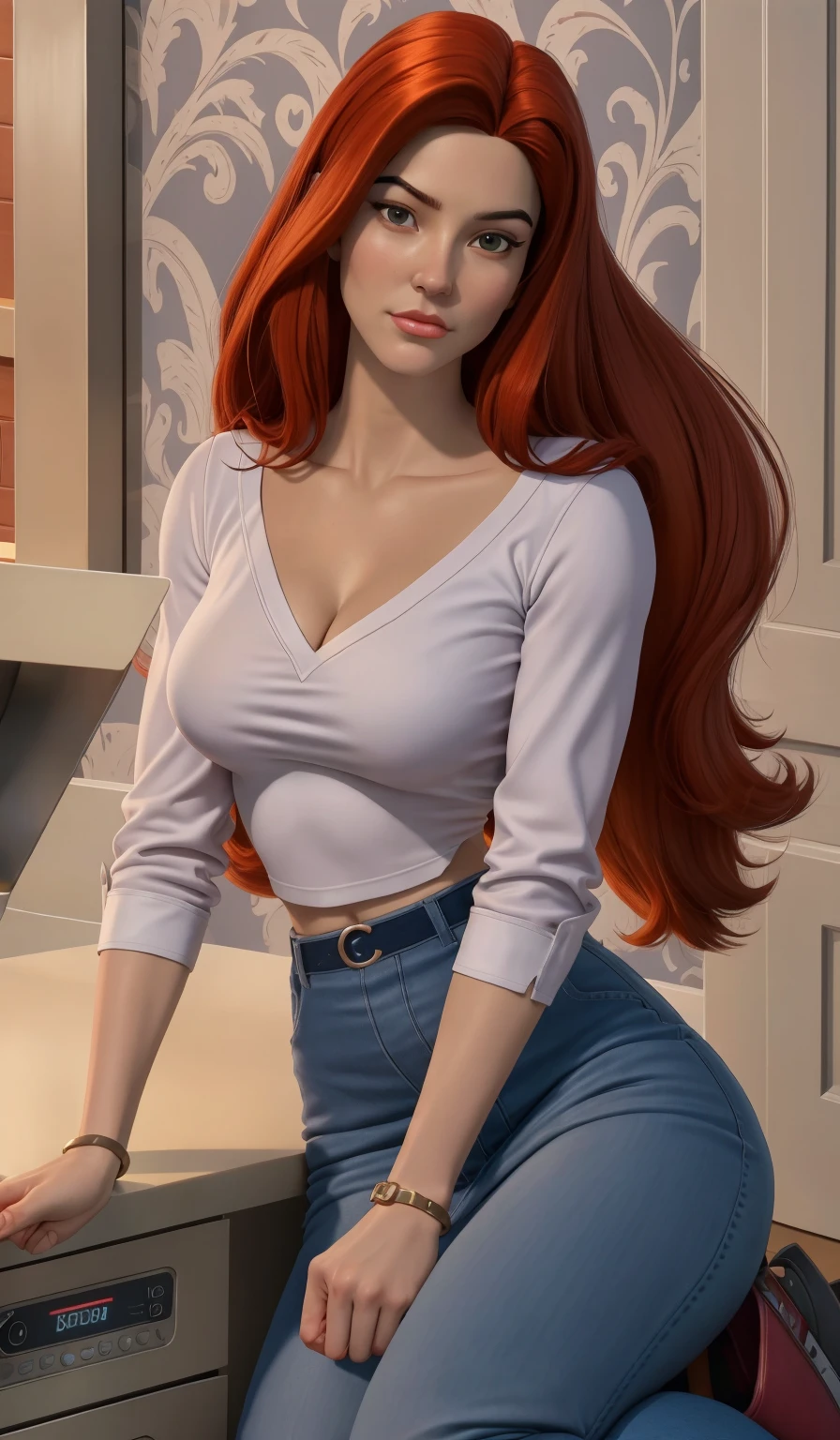 female 20s,  long red hair,  blue colored eyes, white blouse with neckline, jeans,  defined waist, medium sized breasts,  thick thighs, accentuated hip,  Medium sized butt 