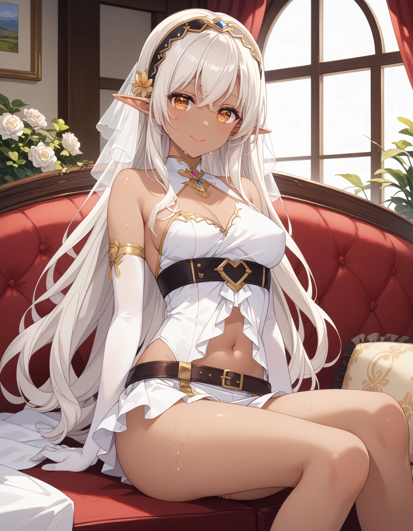 Best quality, highly detailed, masterpiece, ultra detailed, (reality: 1.2), 1 girl, (white background), simple background, delicate eyes, silver hair, purple eyes, hair_ornament, (white off-the-shoulder shirt: 1.3), long hair, pointy_ears, crown_braid, expressionless, straight hair, (++ sitting: 1.2), room,