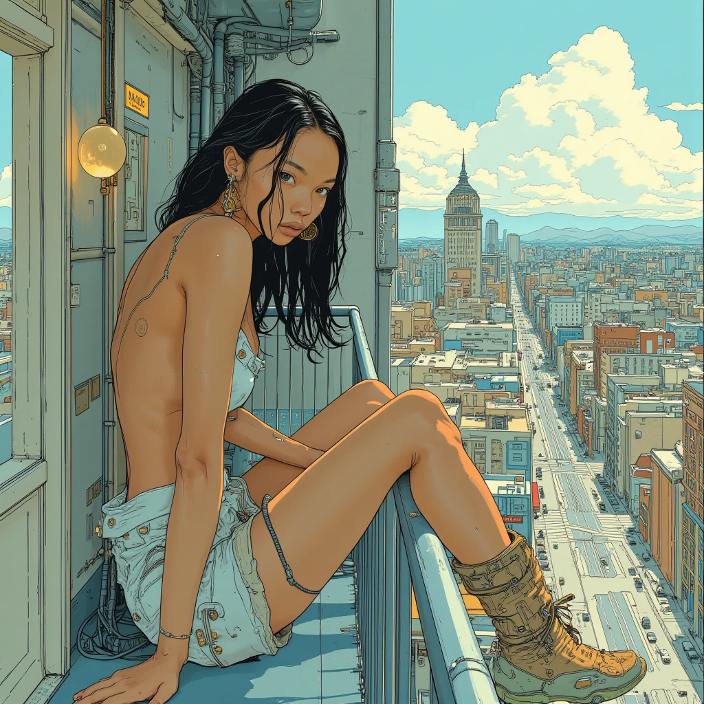sexy girl, in a tank top and panties, having a coffee, enjoying the views from a large terrace, views of a futuristic city:1.5. (art inspired in Bill Sienkiewicz). oil painting)