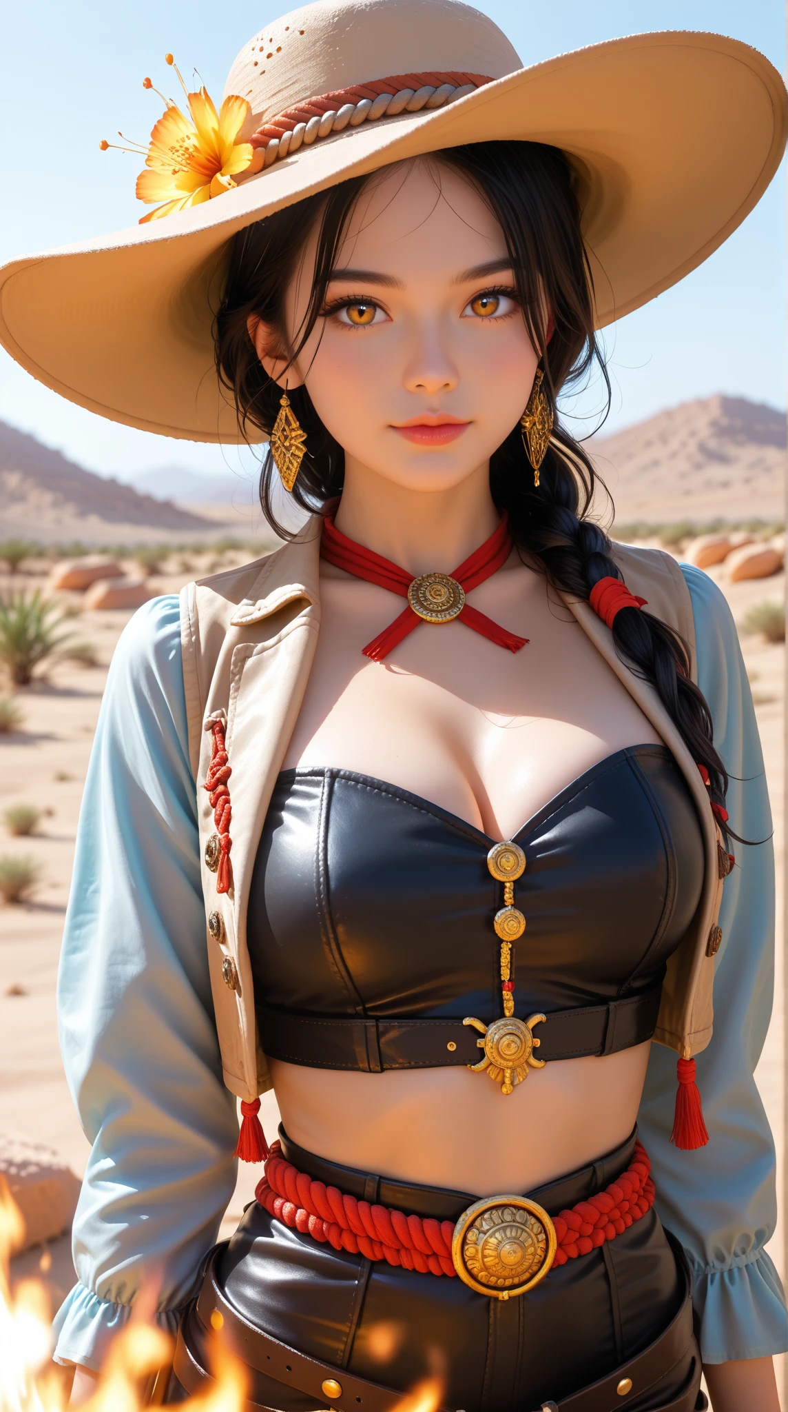 orange long hair,Nice face,Blue sling kini,Heterochromatic pupil,ssmile,apathy,Gini,fully body photo,the soft light,large hat