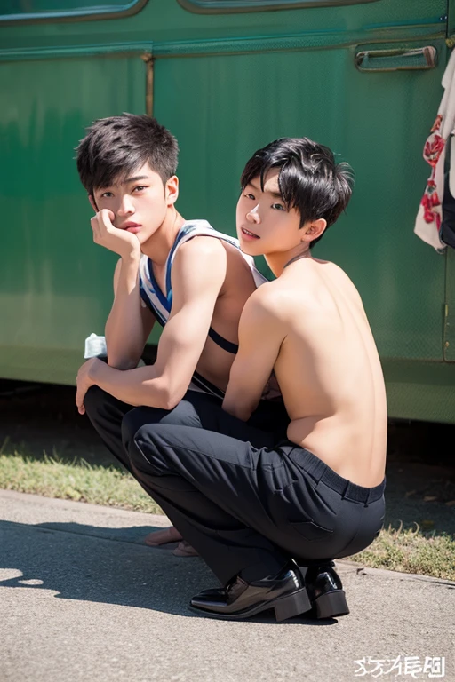 full body shot ,(Masterpiece)))), (((highest quality)))), ((Ultra Definition)), (Very Detailed Photo reality)Korean-thai teen guy 2 person, standing wearing tiny underwear at bus station, Highly detailed fingers, Full Body Shoot, Quiff haircut, look at camera, detailed facial parts, Manly, Freestyle Pose, happy expression, perfect anatomy, symmetric body, both of them 15 years old, high detail, asian, realistic, human skin, Short Hairstyle, handsome, masculine, attractive, human skin, (eyes contact),sad face,