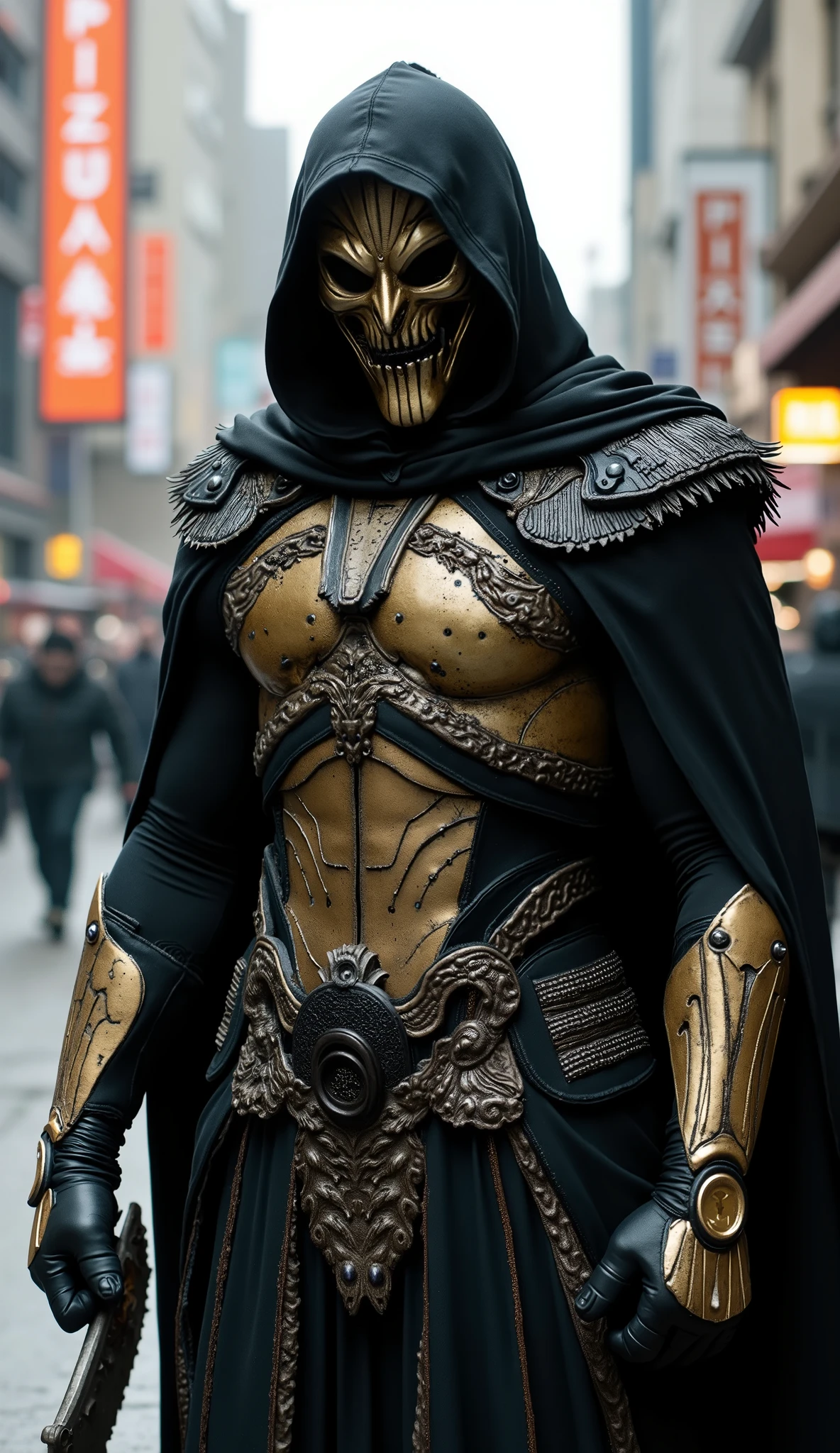 Ryan Gosling from ours Saiob Saibot Metal mask with aggressive gold and black, covering the entire face, with pointed and threatening details.
Deep black hoodie, combined with a short cape with sturdy and prickly shoulder pads, conferring grandeur and mystery.
Reinforced chest, design with worn metal plates and organic details in silver and aged gold, giving an ancient and ritualistic look.
Bracelets and gloves with dark leather texture and metallic protection that partially covers the arms.
Multi-layered combat skirt, with frayed straps in gray and black fabrics, post-apocalyptic style.
Tight pants and reinforced boots, designed for mobility and agility in battle.
It holds a sickle with black serrated blade, curved and threatening — symbol of death and punishment. in very high quality with a Rolex watch in the background of the mega-realistic and shiny pizza tower and people and cars
