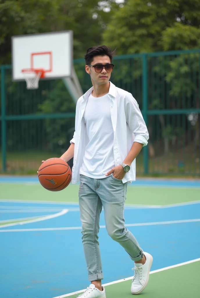 22 years old male，cinecamera，真实感，photography，whitestocking，sports student，Handsome，china boy，Outdoor basketball court，sitting on a bench，White short sweatpants，Gold wire rimmed glasses，Fashionab，youthfulenergy，muscle men，health charm，the fragrance of sunshine，Portrait Photogram，vogue photography，perfect  detail，Gorgeous light and shadow，Photographed from an elevation angle，2k