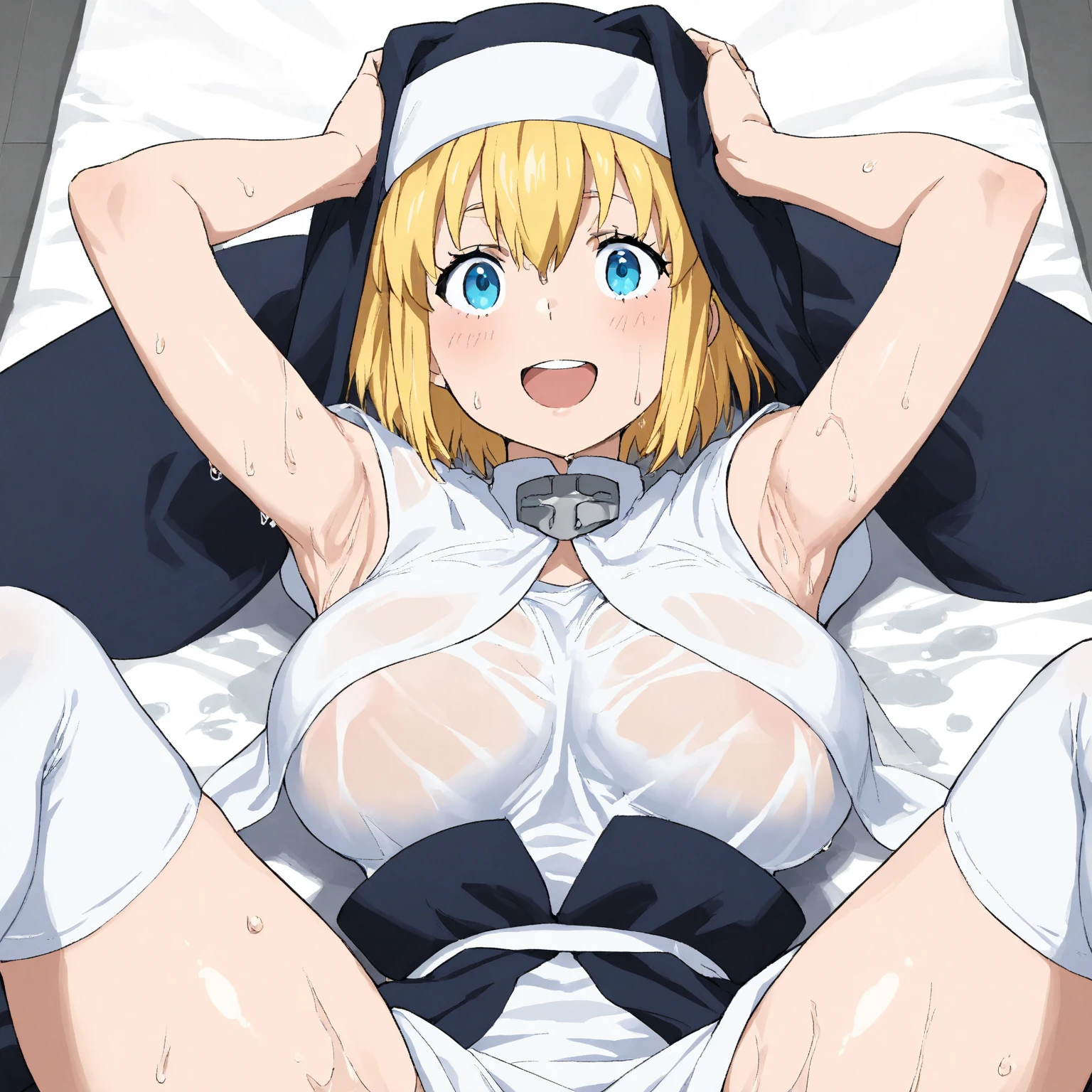 elf, blonde hair, pointy ears, blue eyes, medium hair, choker,
BREAK
huge breasts, (nipples:1.3), open mouth, happy, blush cheeks, (underboob:1.3, dress shirt), no bra, stomach, short sleeves , on bed, pillow, open clothes, open shirt,
BREAK
hetero, (sex:1.8),(vaginal),spread legs,lying,on back,penis,cum in pussy, (focus on girl), nsfw,