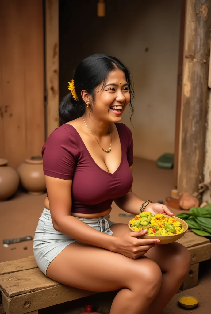 A Bangladesh white beautiful girl Beautiful black-haired woman sitting at a table and laughing at delicious-looking food pizza to eat enjoy the view in Cox's bazar