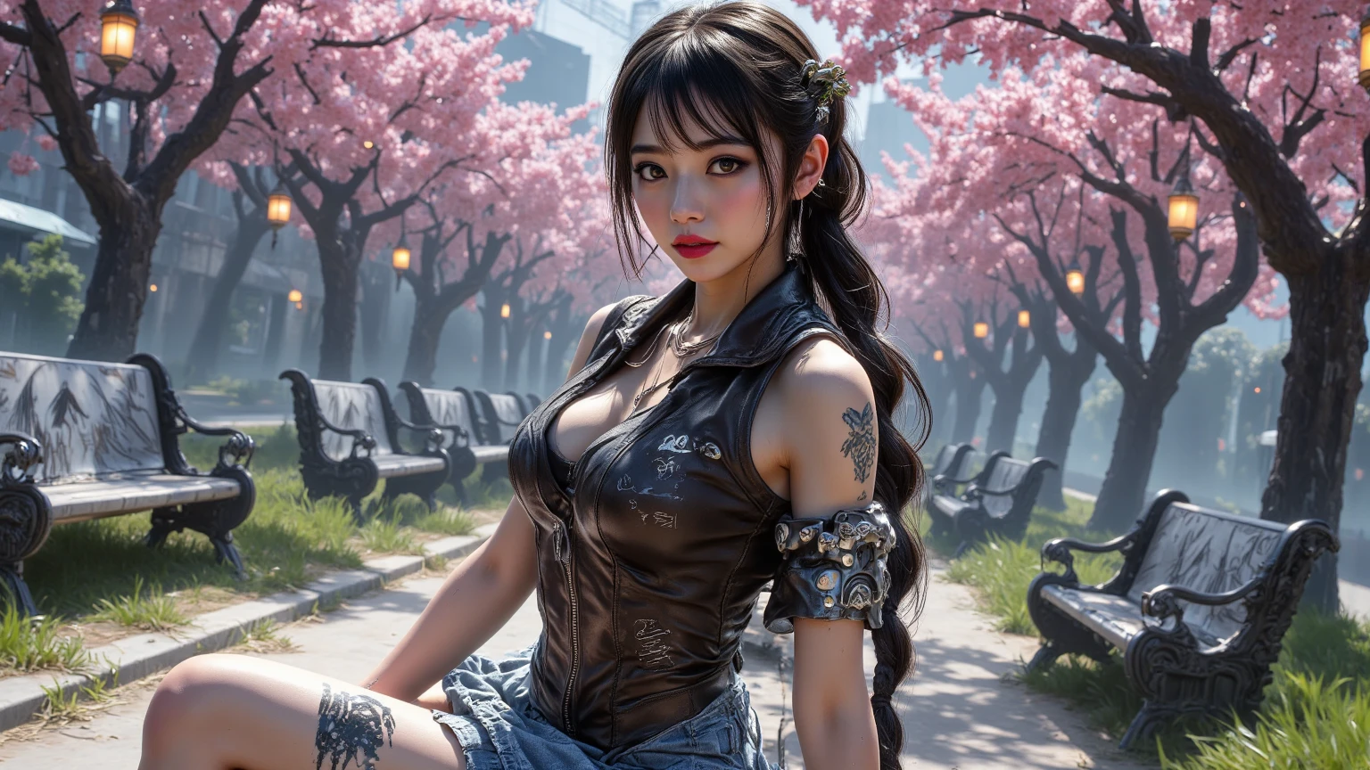 (obra maestra, mejor calidad), sthe highest qualit, CinematicLight, 4k, 

A 20-year-old girl surrounded by cherry trees,
((17)) luz del sol desde el abajo,

edgScene black and purple,
cabello (Plana Lisa),
pelo corto,

desde atras,
vista desde atras,

(color de ojos morados),

gargantilla,
(pechos grandes:1.4, Areolas:1.4)),
(traje de ballet, plateado, ajustado),
Muslos grueso,
(mascara),
pies sumergidos en el rio,  
cuerpo completo visible, 
(dedo del pie de camello, Cameltoe, en forma de,
Mostrar bragas: 1.5,
(botas largas, tacones altos),