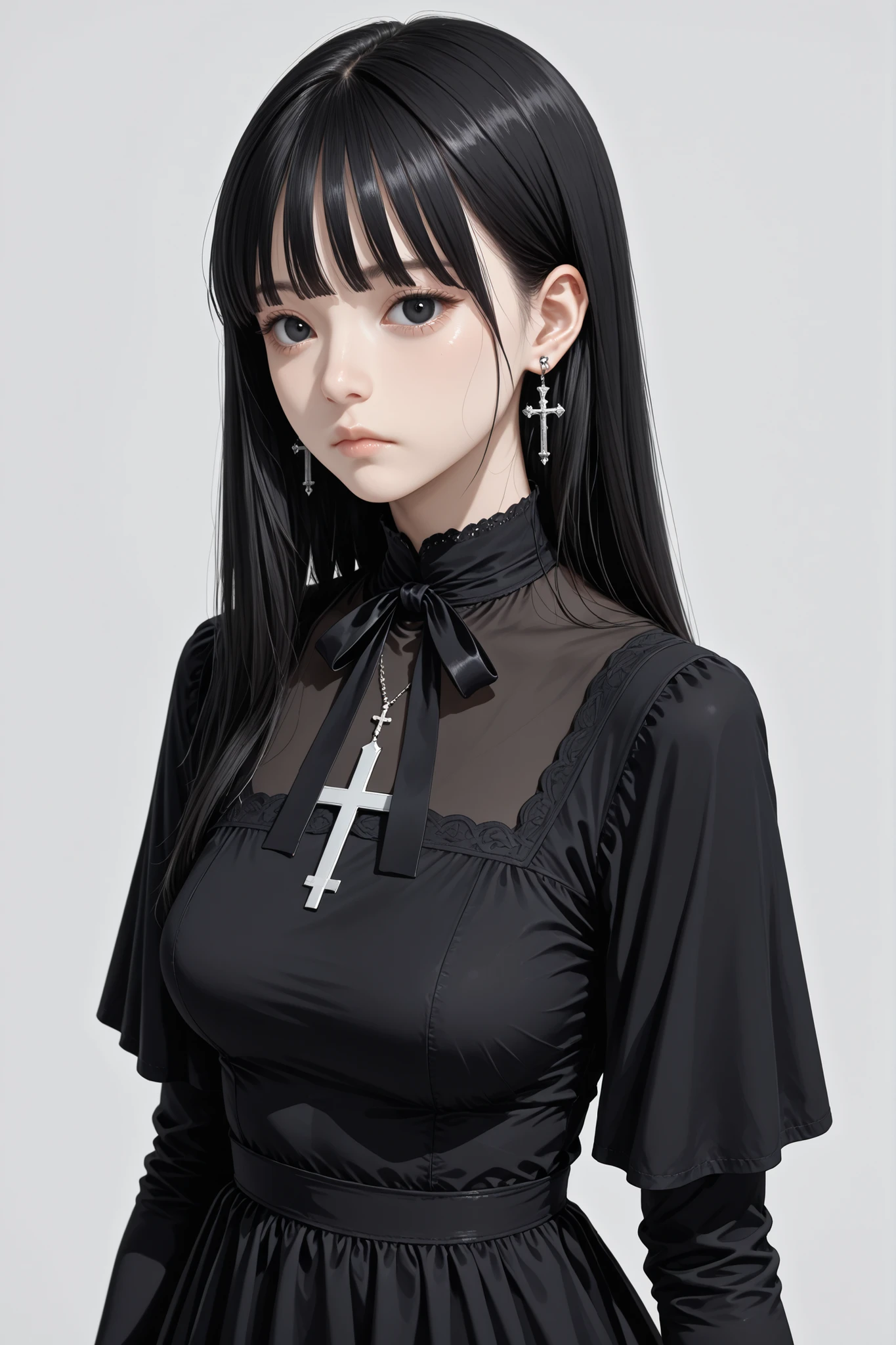 1 girl, alone, black hairblack, long hair, jewelry, plain background, earrings, looking at viewer, closed mouth, crossed earrings, gray background, bangs, upper body, black dress, cross, dress, ribbon, black eyes, black ribbon, white background, expressionless, medium breasts, standing, from above