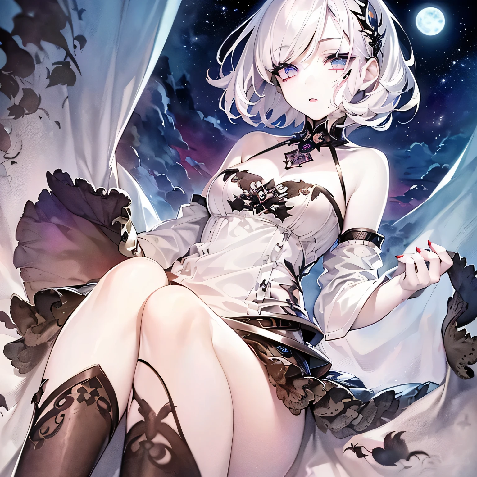 (masterpiece), (best quality), full body,simple background,sitting,
1girl,shiny hair,white hair,feather hair ornament, white cloak, ((see-through)),navel,light smile,
plant, flower, full_moon,detective theme,((black legwear)), ((crow)),chains,ruins,
1gir, in flower,black_bikini,1girl in flower ,navel,