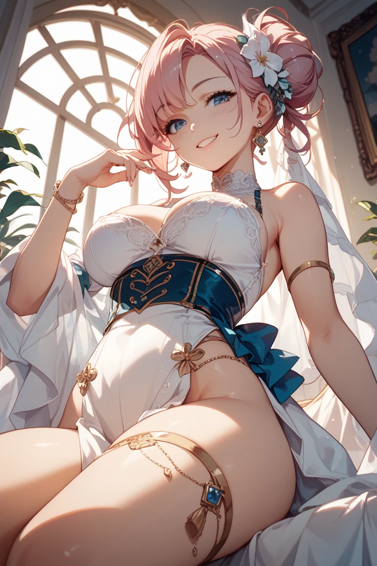 full body, Woman, sitting, shoulder length pink hair, pale skin, ((sky blue eyes)), ((glowing_eyes)), (((ultra detailed eyes:0.8, beautiful and detailed face, detailed eyes:0.9))), ((three-quarter view)), indoor, ((tea room, water feature, flowers:0.9)), medium breasts, looking down at teacup, ((deep in thought)), ((graceful hands)), (((head, arms, hips visible, elbows, thighs visible))), gentle smile, soft lighting, indoor, ((interior, elegant setting)), 27 years old, ((thoughtful expression)), (((warm))), ((calm)), (((high contrast)))