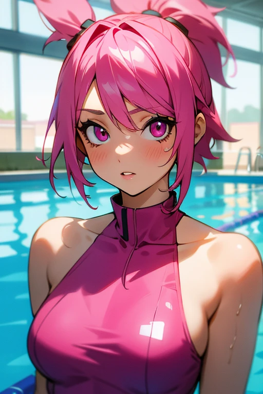 An African American teenage girl in the pool wearing a bright pink one piece swimsuit with a white line and the other half sky blue top