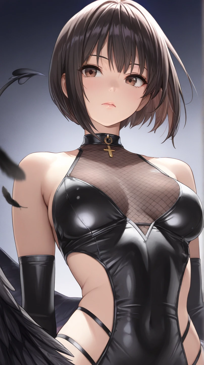 masterpiece, best quality, 1girl, solo, Black hair, bangs, short hair, sweat, (smile), cleavage, beautiful detailed face, beautiful detailed eyes, bat ornament, slingshot swimsuit, black choker, (armpits), (arms behind head), (wedgie:1.4), (fishnet thighhighs), standing, (thigh gap), (simple_background)